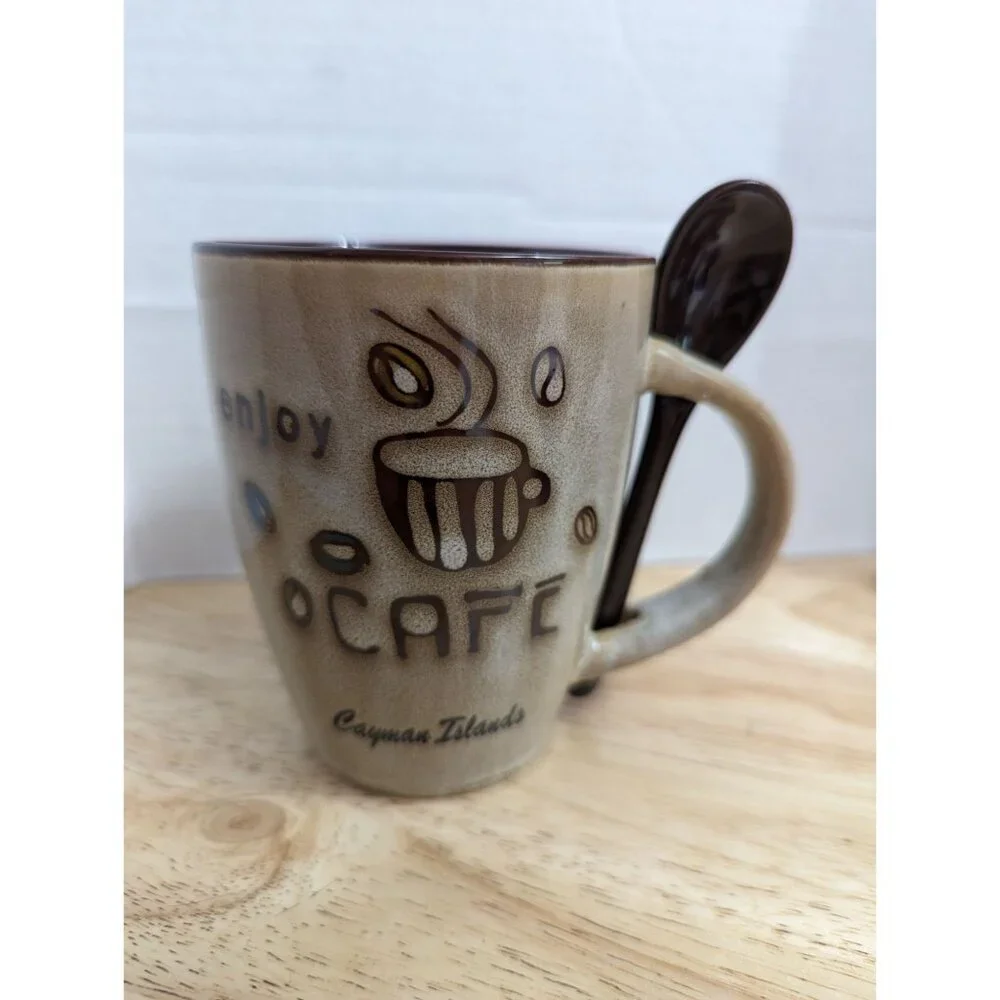 Enjoy Cafe Cayman Islands brown coffe themed mug‎ w/spoon 4 inch @agiftcorp
